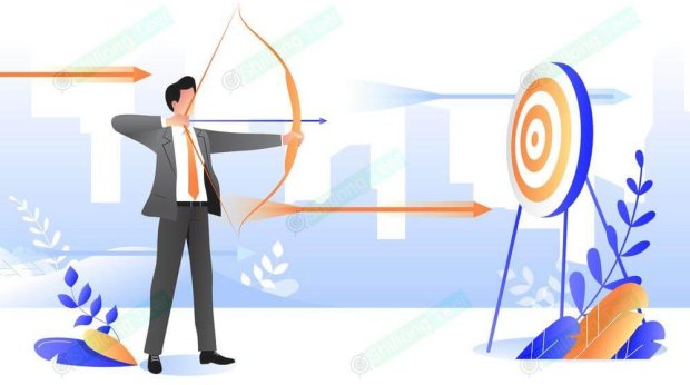 Business goal achievement concept. Vector flat cartoon illustration. Successful businessman aiming target with bow and arrow.