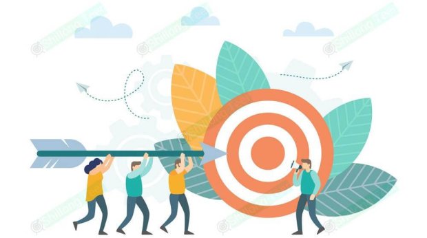 Business teamwork coworkers. Project and strategy design. Successful businessman aiming arrow towards target. Vector illustration